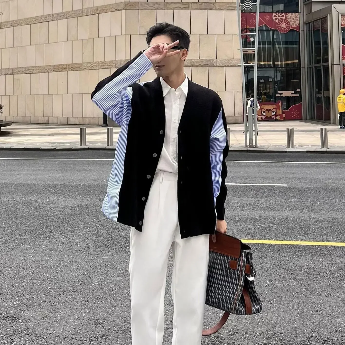 

Men's Clothing Spliced Korean Fashion Knit Sweater Male Striped Cardigan Black Cheap 2023 Aesthetic Meme Autumn Long Sleeve 100%