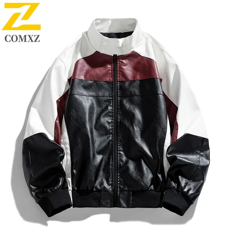 EiAO Jacket Colorblock PU Leather Men Women Stand Collar Biker Coat Waterproof Windproof Oversized Pilot Jacket for Outdoor 2025