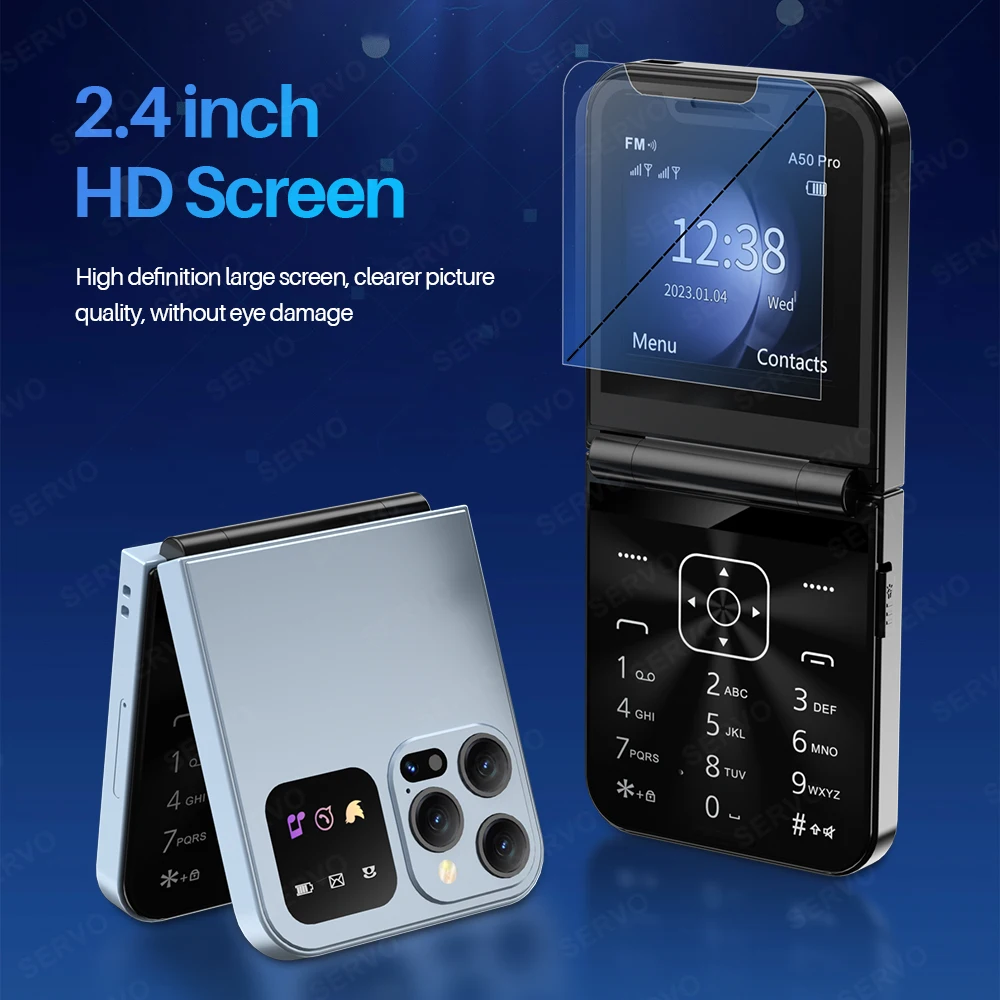 SERVO A50 PRO Flip Mobile Phone 2G GSM 2.4" Display Auto Call Recorder Speed Dial 2 SIMs Foldable Telephones Official Authentic 5