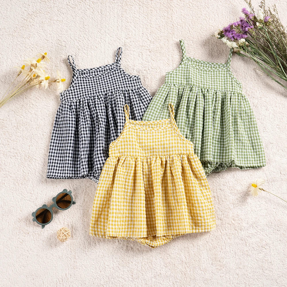Baby Bodysuit Girls Summer Plaid Rompers Newborn Sleeveless Dress-like Onepiece Clothes
