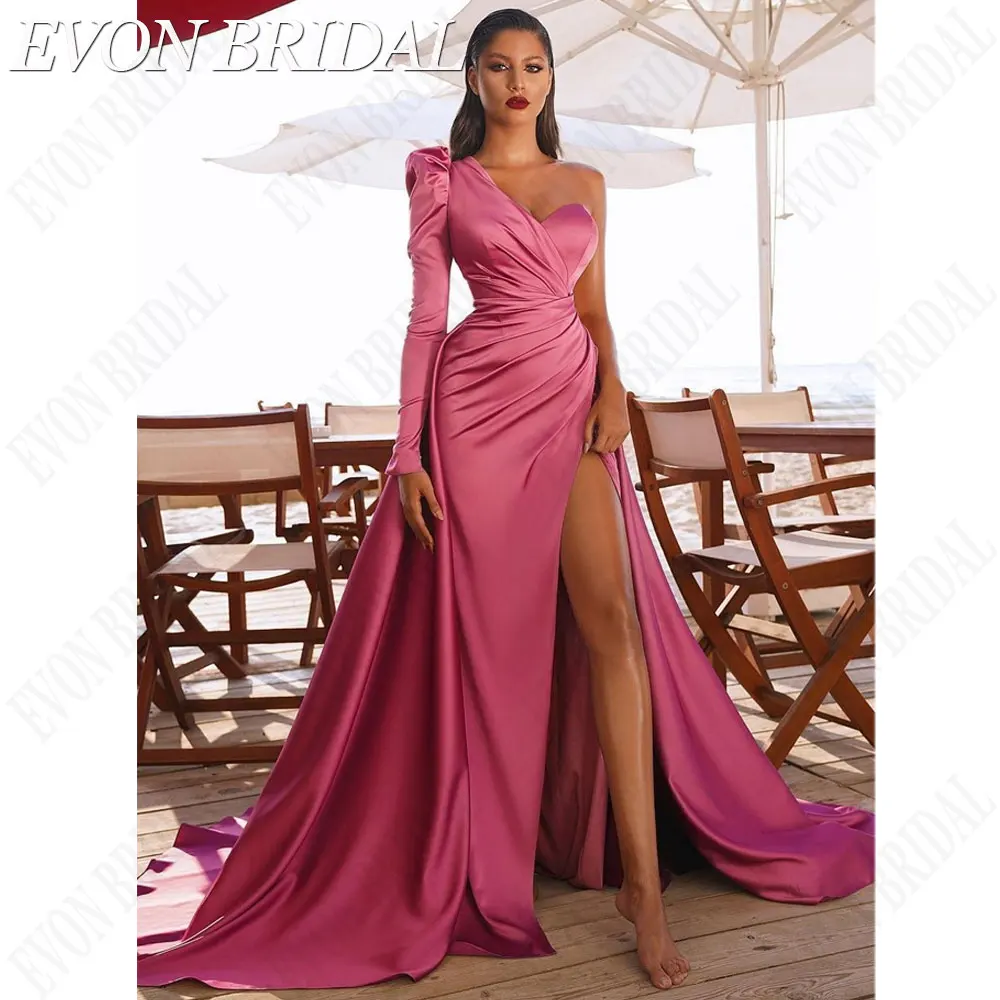 

EVON BRIDAL One Shoulder Mermaid Pink Prom Dresses Full Sleeves Satin Evening Gowns High Split Custom Made robes de soirée 2024