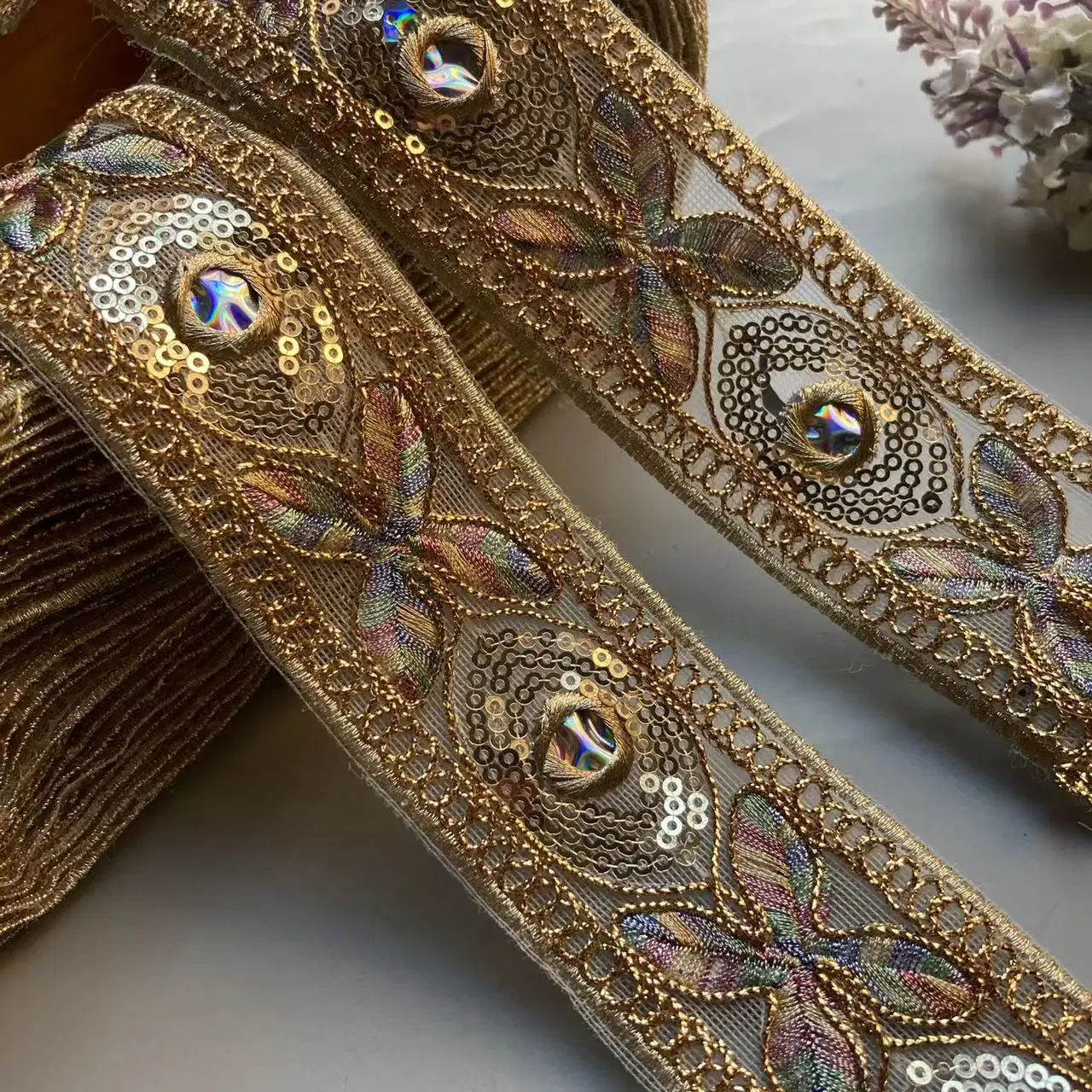 

2 Yards 5cm Ethnic Gold Thread Sequins African Lace Trims Geometric Lace Ribbon DIY Sewing Dress Decoration Bridal Lace