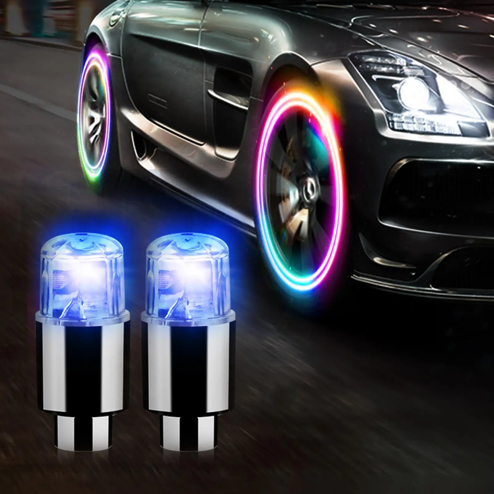 2개 타이어 밸브 캡 라이트, 다채로운 LED 휠 라이트 (자동차 에어 밸브 캡용), 네온 라이트 (오토바이, 자전거, 자동차 외부용)