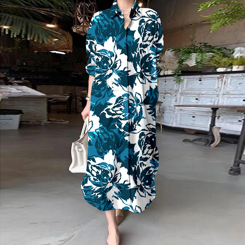 

2024 Summer Women's Shirt Dress Turn-Down Collar Button Down Dress with Pocket Long Sleeve Commuter Robe Beach Holiday Dresses