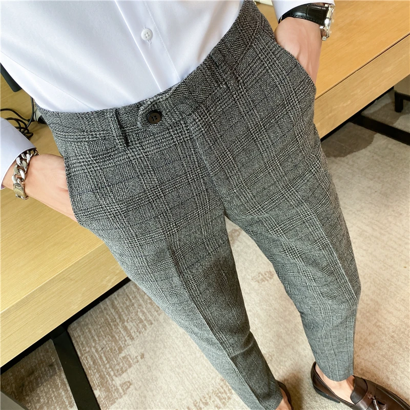 2023 Chic Coffee Blue Grey Pants Men Elegant Slim Fit Plaid Suit