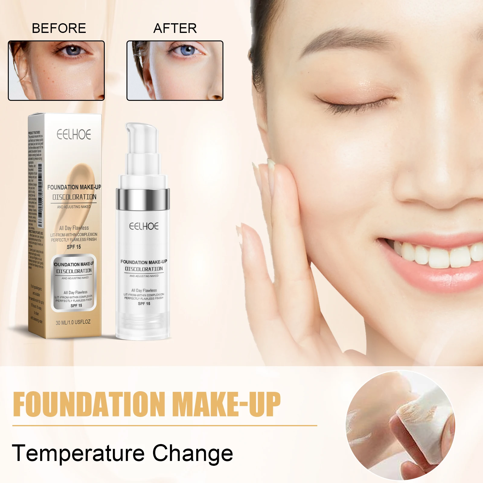 Liquid Foundation Color Changing Long-Lasting Hydrating Transfer-Proof Skin Tone Adjust Brightening 30ml