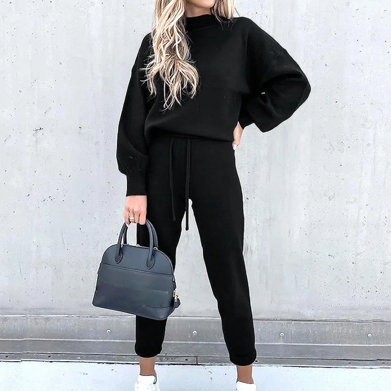 Women's High Collar Sweater And Pure Color Trousers Two-Piece Set Casual Autumn Winter Fashion Ensemble 2
