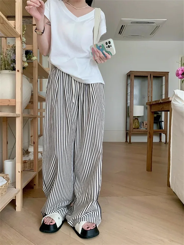 Deeptown Korean Fashion Striped Pants Women Y2K Vintage 90s Wide Leg Trousers Oversized Retro Elastic Waist Casual Sweatpants