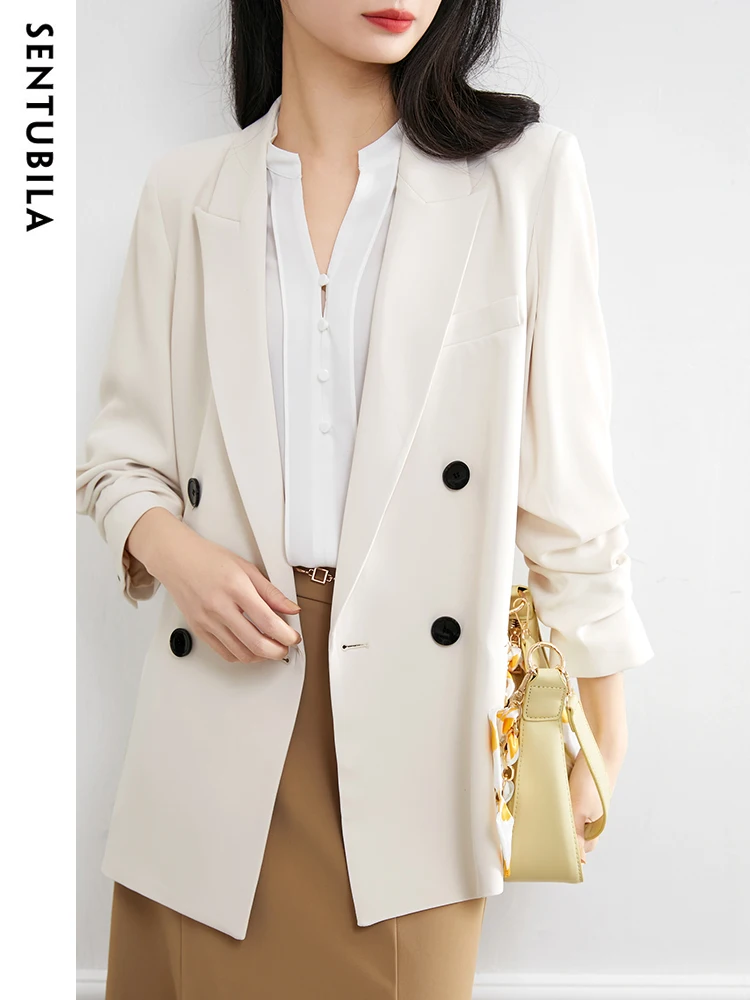 

SENTUBILA Three Quarter Sleeve Blazers for Women 2023 Spring Straight Loose Double Breasted Business Work Elegant Suit Jackets