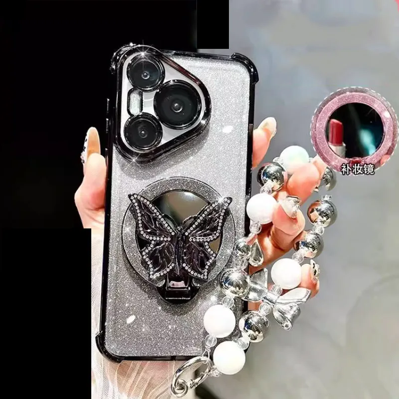 Mirror Shockproof Magnetic Butterfly Phone Case with Holder Bracelet