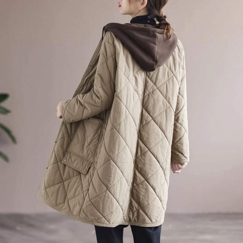 Cotton Jacket Long 2026 New Cotton Jacket Medium Long Loose mom Winter Diamond Grid Cotton Jacket Hooded Women's Coat Commuting