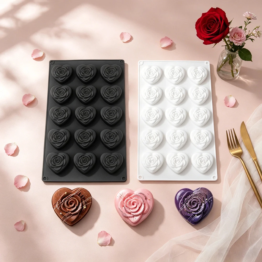 Heart Rose Silicone Mold for Baking and Desserts - Ideal for Mousse, Chocolate, Candy, Pudding, and French Pastries - Perfect for Valentine's Day and Weddings