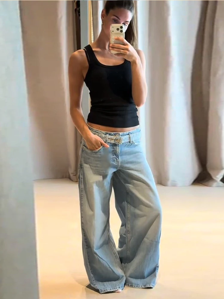 Y2k Blue Women's Jeans Fashion Tie Waist Wide Leg Loose Baggy Denim Pant Lady New Casual High Street Spring Summer Clothing 2026 6