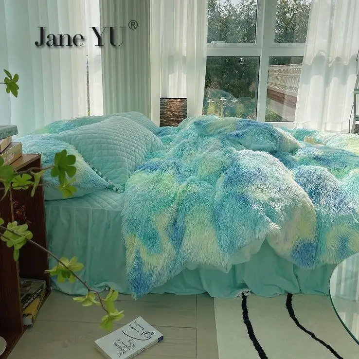 JaneYU Padded Warm Milk Velvet 4Pcs Bedding Set Double-sided Coral Velvet Mink Velvet Plus Velvet Quilt Cover Bed Sk