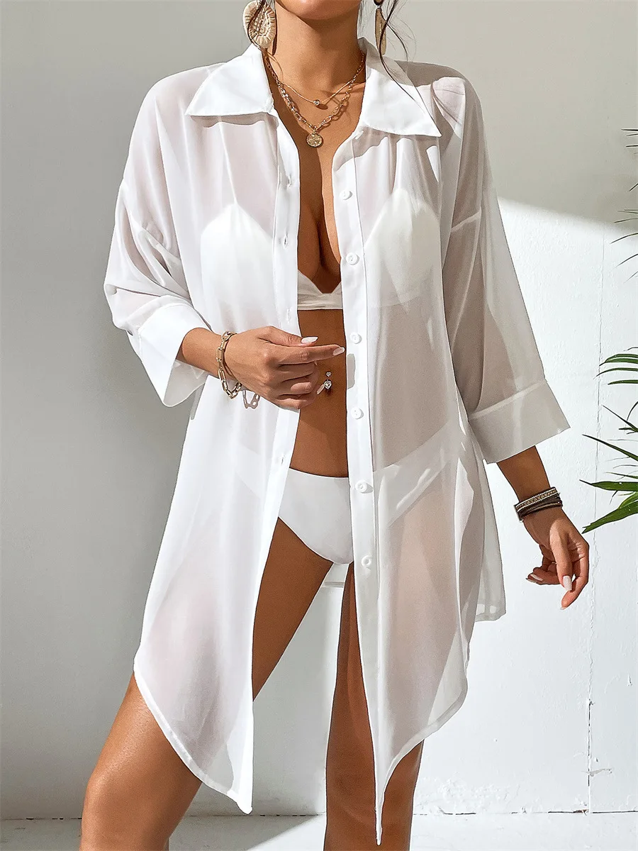 2024 New Summer White Shirt Long Sleeve Top Tunic Beach Cover Up Beach Skirt Beach Wear Beach Wear Women