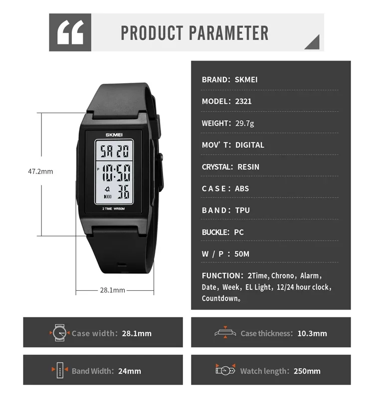 SKMEI 2321 Luxury Military Digital Watch for Men Sports Waterproof Electronic Mens Wristwatches Chrono Alarm 1988 Reloj Hombre