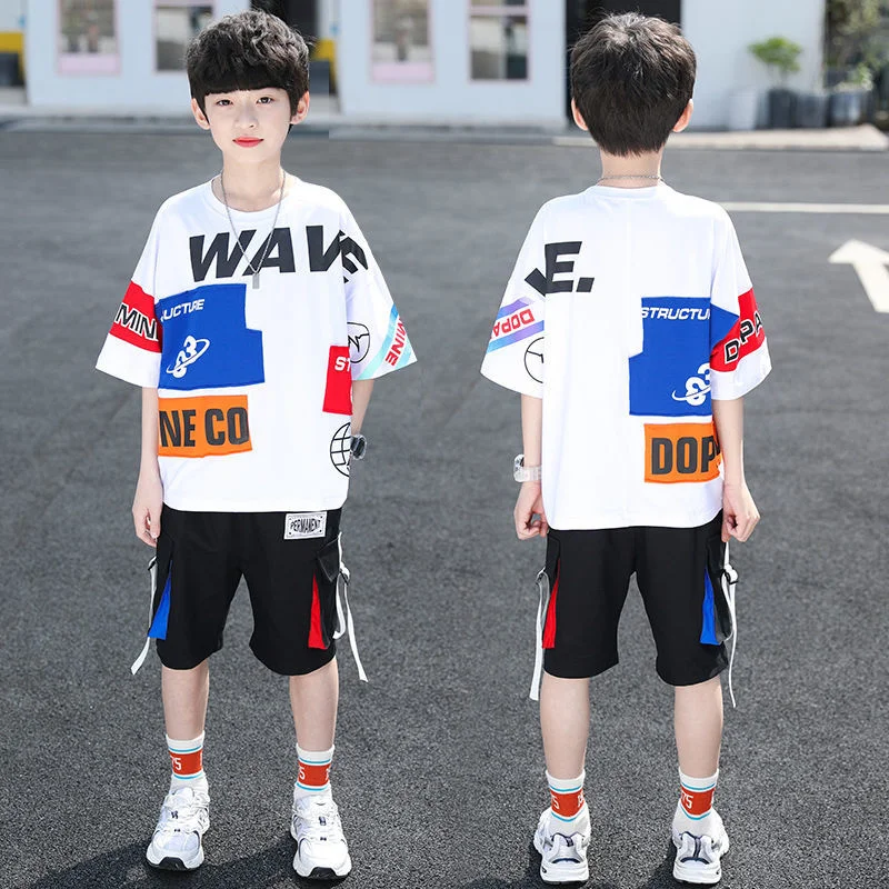 

Summer Boys Children'S Clothing Clothes Sets 2023 New Teenager O-Neck Fashion Letters Print Patchwork Sport Suits High Quality