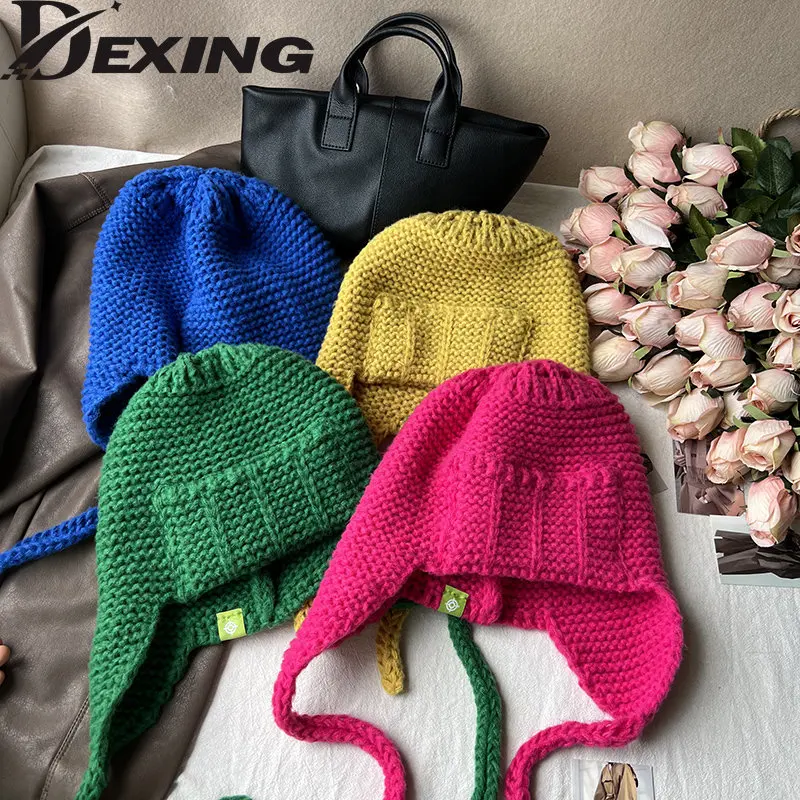 Earflap Hat Women Warm Bomber Hats Trooper Beanie Knit Hat Ears