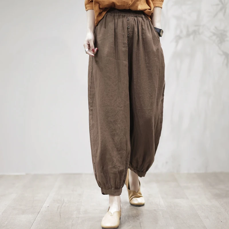 Summer Solid Color Elastic Waist Fashion Knickerbockers Women High Street Pockets Button Cotton Hemp Chic Ankle Length Pants vintage women jeans summer fashion ripped high waist korean chic skinny stretch wrapped hip jeans big holes ankle length pants