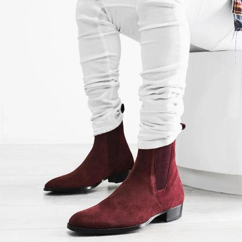 Chelsea Boots Men Red Faux Suede Cowboy Ankle Vintage Boots Slip on Shoes for Men