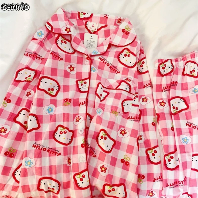 

2pcs Set Sanrio Hello Kitty Hangyodon Women's Spring Autumn Student Pajamas Long Sleeve Long Pants Anime Cartoon Household Suit