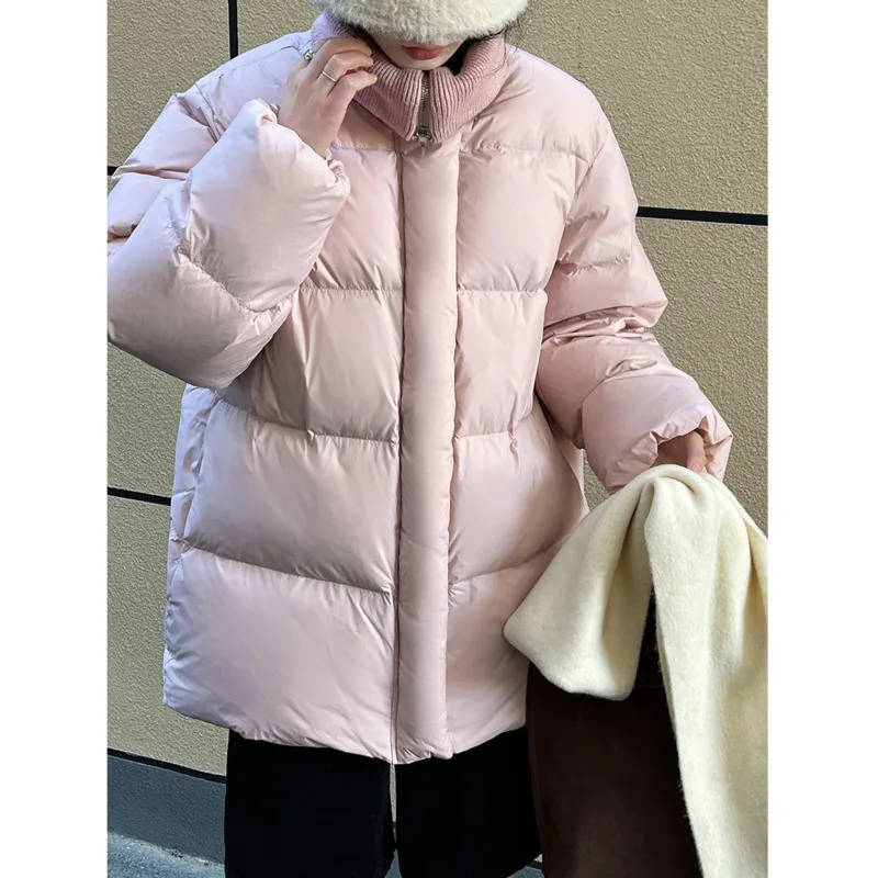 

Winter Knit Spliced Down Coat Women's Mid Length Thickened White Duck Down Pink Bread Down Jacket