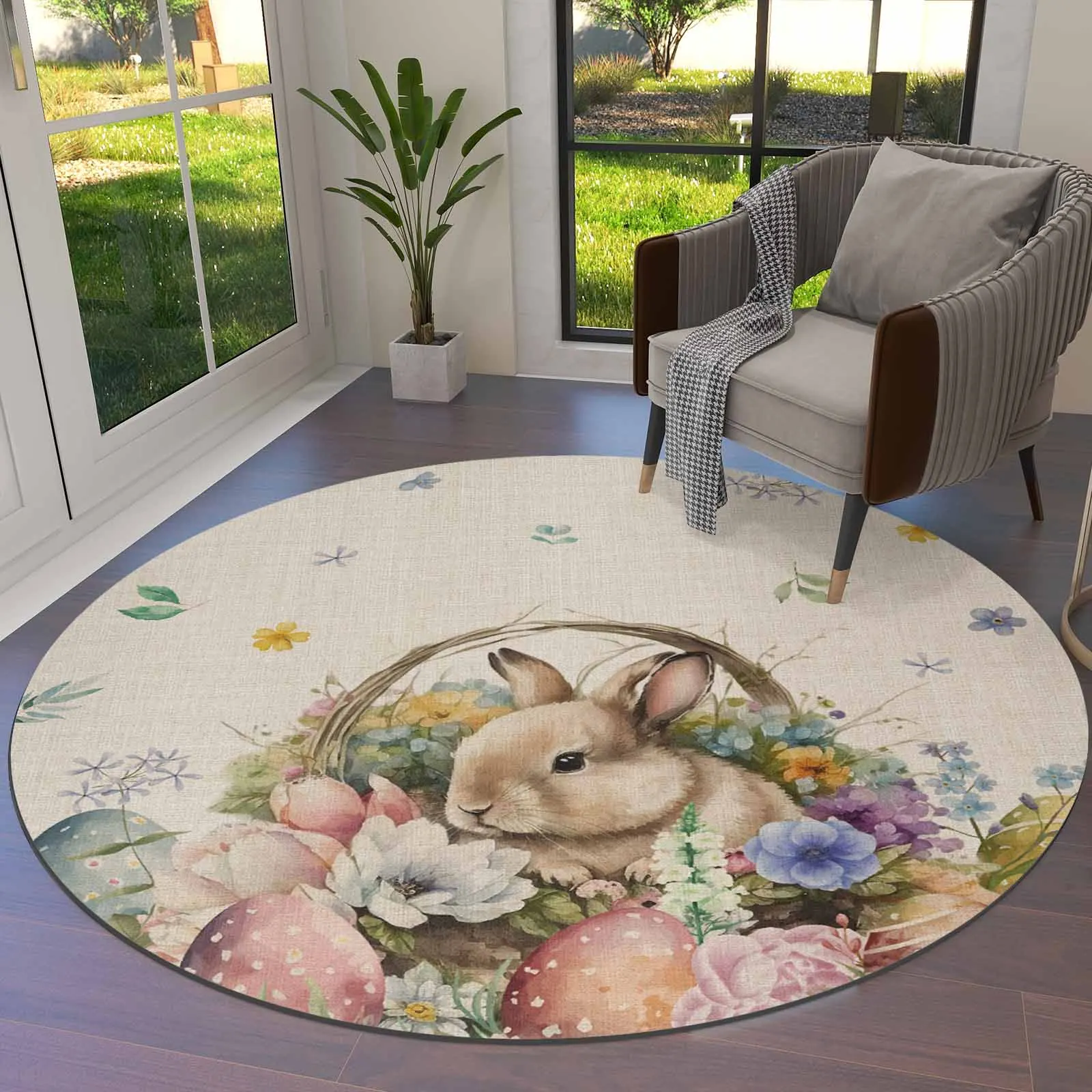 

Easter Rabbit Watercolor Flower Round Area Rug Carpets For Living Room Large Mat Home Bedroom Kid Room Decoration