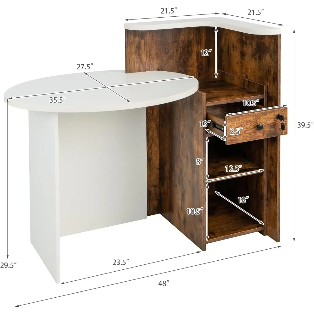 Reception Desk, Front Counter Desk with Lockable Drawer & Adjustable Shelf, Oval Desktop, Retail Counter for Checkout 2