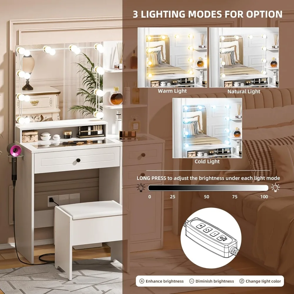 Makeup Vanity Desk with Mirror and Lights White Vanity Set with Drawers and Stool Glass Top Dressing Table Shelves 5