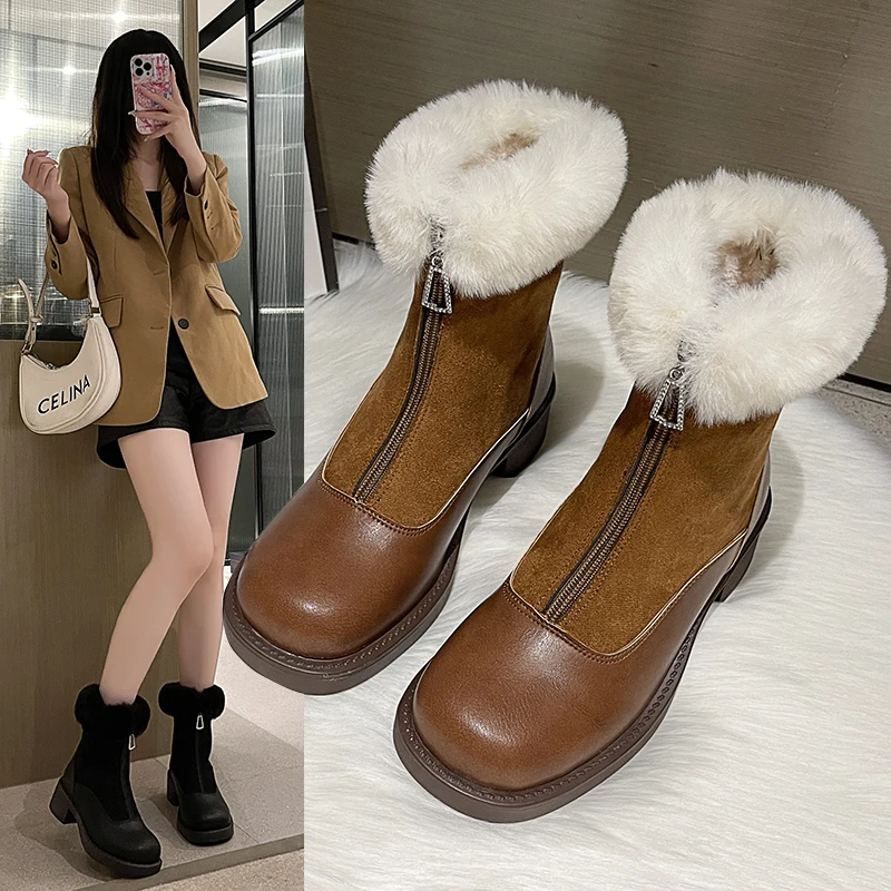 

Женская резиновая обувь, зимняя обувь с круглым носком и молнией, на среднем каблуке