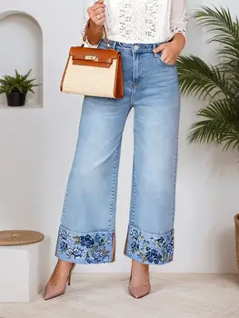 Women's Embroidered Wide Leg Straight Leg Jeans - Casual Loose Fit Denim Pants