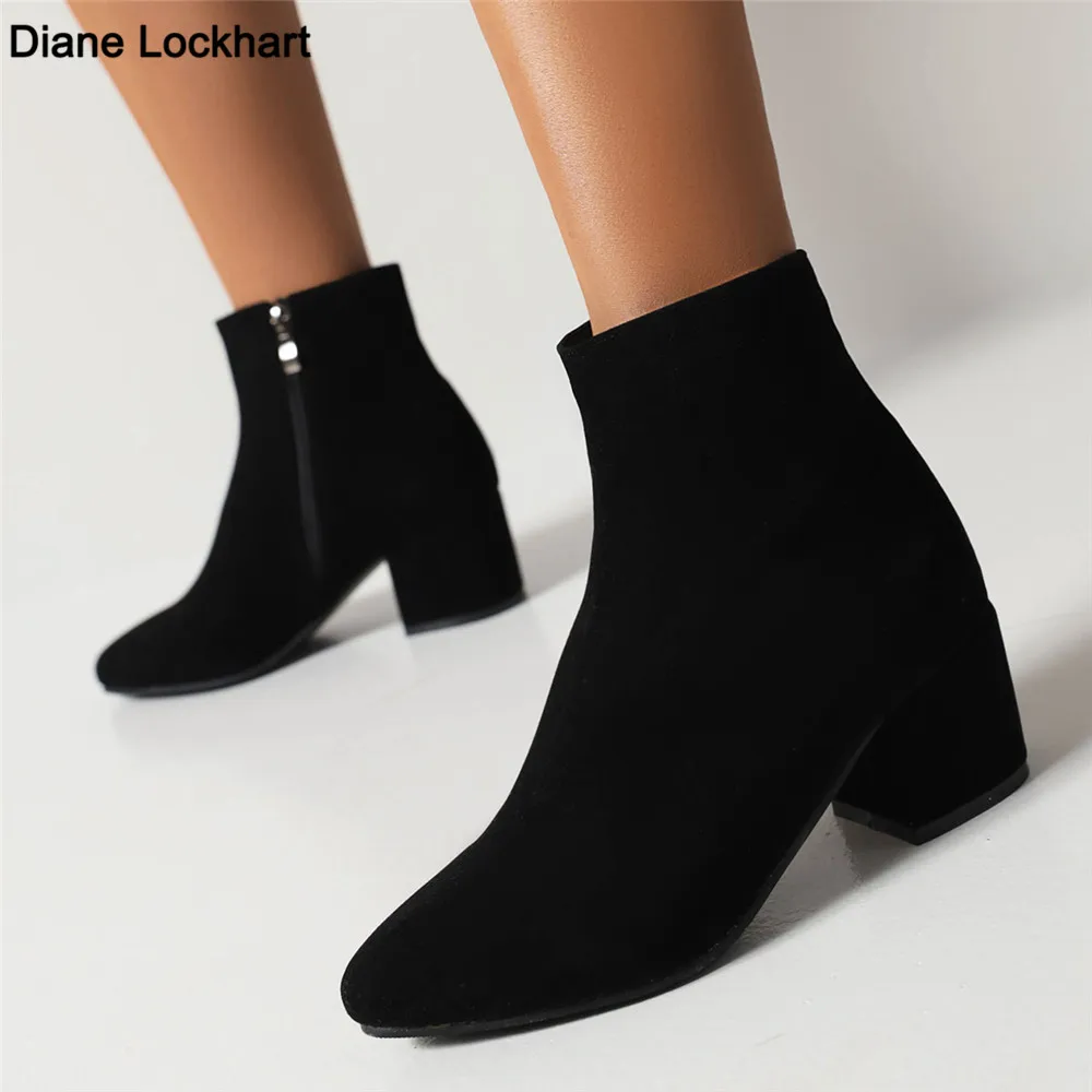 

Black Brown Flock Thick Heel Ankle Boots Women Winter Shoes Nice Elegant High Heel Side Zip Pointed Toe Short Booties Ladies
