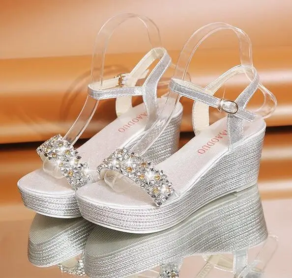 Women Wedge Sandals Summer Bead Studded Platform Sandals Buckle Strap Peep Toe Thick Bottom Casual Shoes