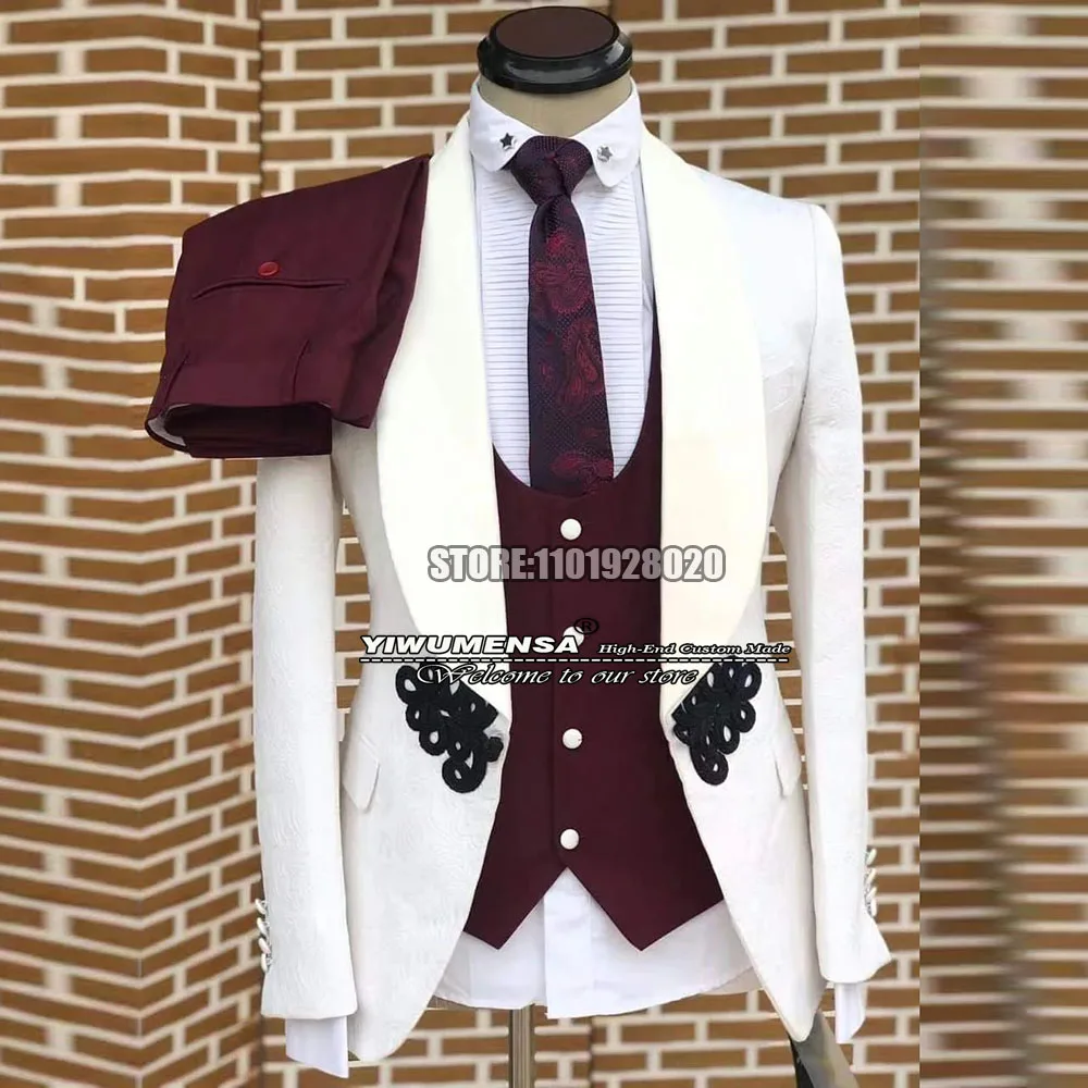 

Africa Suits Men Ivory Formal Wedding Tuxedo Jacquard Blazer Set Custom Made Floral Jacket+Vest+Pant 3 Piece Groomsmen Dress