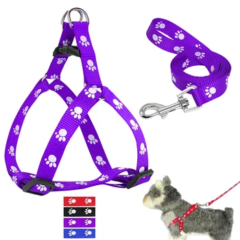 Cute Paw Print Step Dog Harness and Leash Set Nylon Adjustable Dog Harness Walking Leash Strap for Small Medium Dogs S/M/L