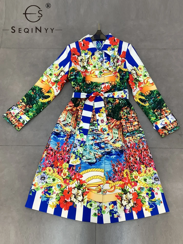 

SEQINYY Elegant Long Trench Coat Spring Autumn New Fashion Design Women Runway High Street Vintage Sicily Flower Print Belt