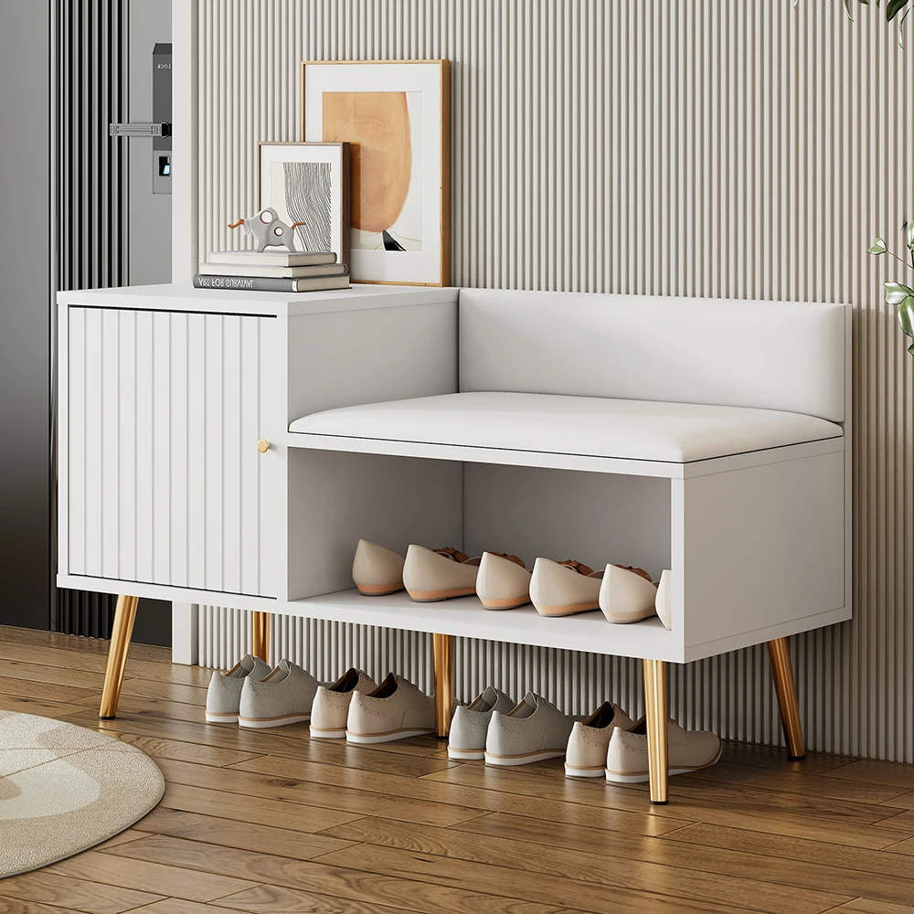 KOMHTOM Modern luxury shoe chest in white with storage, upholstered bench and backrest