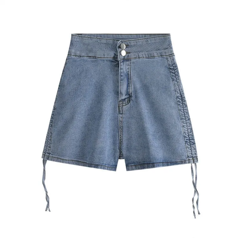 High waisted denim shorts for women's 2023 summer new Korean version with drawstring design for a slimming A-line strap pants