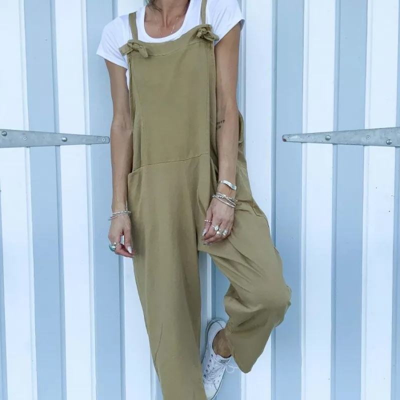 Women’s Casual Long Jumpsuits Bib Pants Spaghrtti Strap Sleeveless Solid Color Baggy Romper Pants Overalls with Pockets