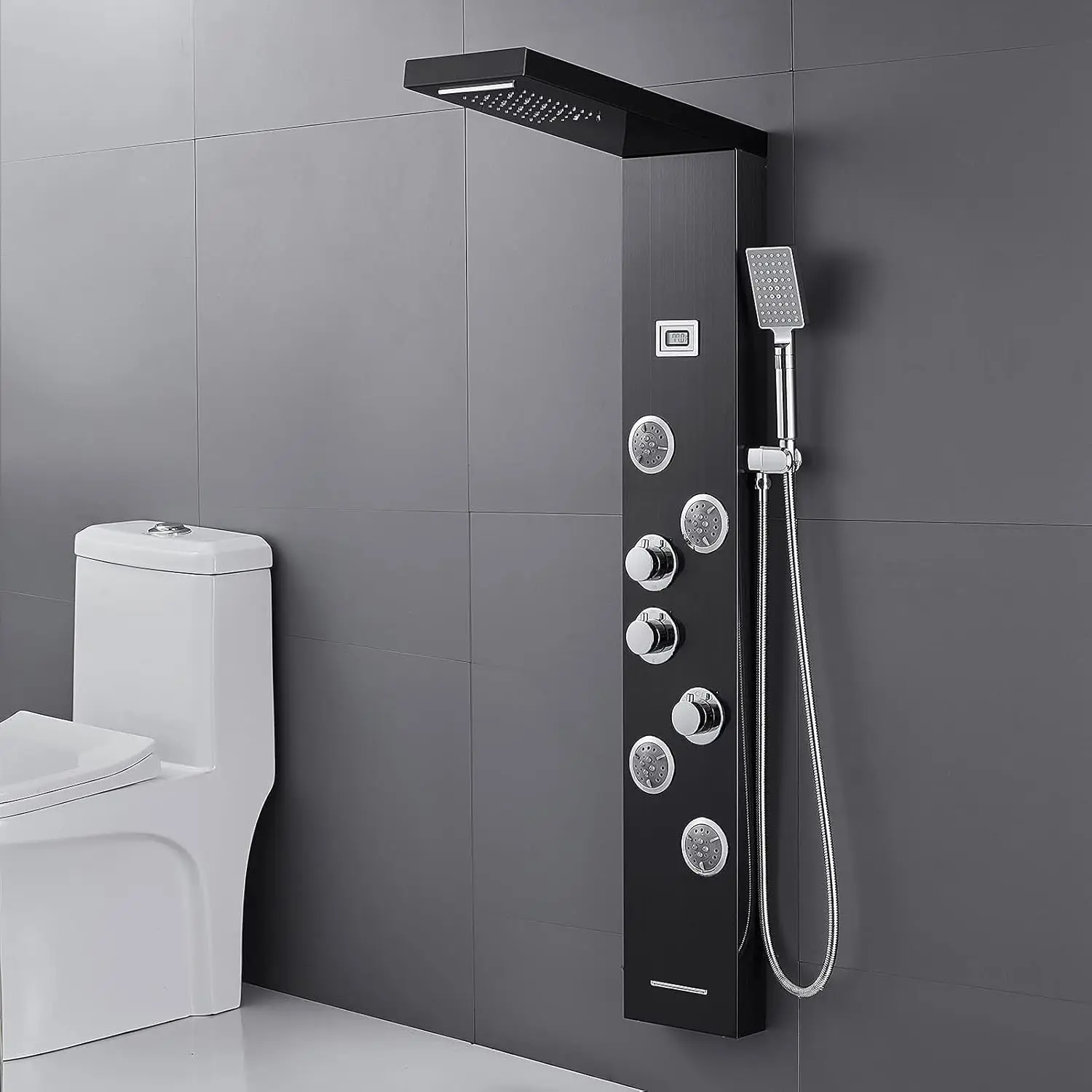 LED Shower Panels Tower System 304 Stainless Steel Bathroom Shower Panel System with 4 Body Jets Rainfall Waterfall Black