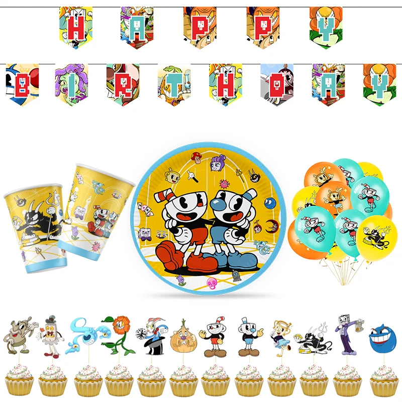 Cartoon Game Cuphead Kid Birthday Party Decoration Babys Shower Suplies Banner Flag Happy Birthday Children Partys Gifts happy birthday paper bunting letter banner flag girls baby babys shower kids birthday party supplies decoration 1set