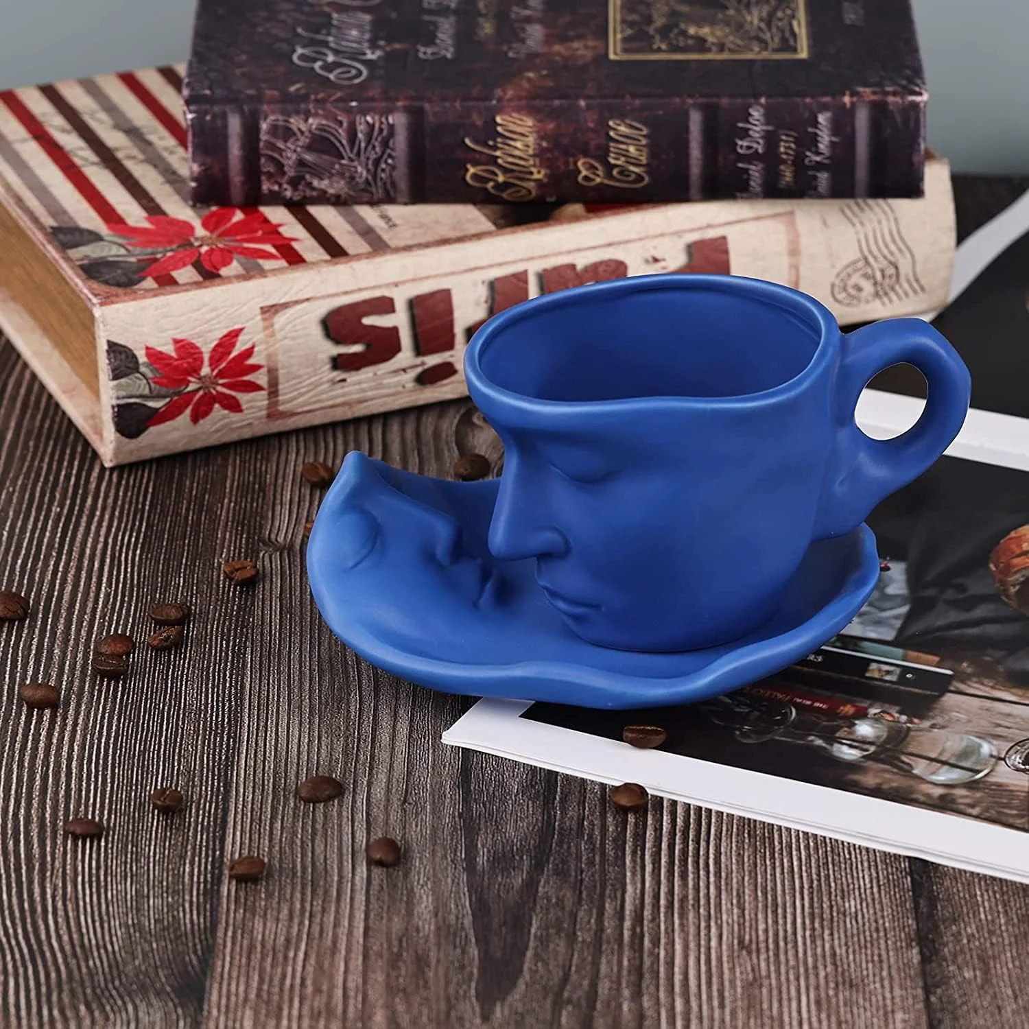 Creative Tea Cup and Saucer Set for 1 Ceramic Human Face Kissing Creative Ceramic Coffee Cup Set Teacup for Valentine's Day Moth