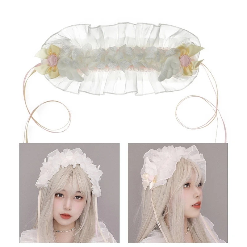 

Maid Pleated Lace Hairhoop Live Broadcast Hair Holder with Plush Wing Decor