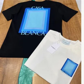 High Quality Blue Gradient Square Letter Print CASABLANCA T-shirts Round Neck Cotton Short Sleeve 3XL Casa T Shirt for Men Women 2