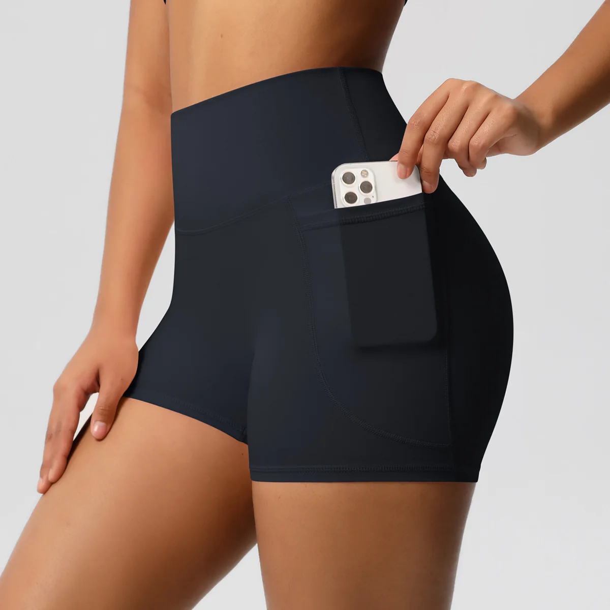 Mermaid Curve Pure Color Yoga Pants with Pocket Sports Fitness Three-point Pants Breathable High Waist Belly Tight Yoga Shorts