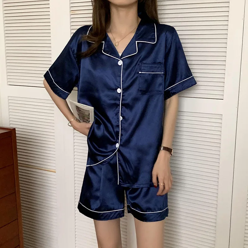 Women's 2 Piece Pajamas Sets Turn Down Collar Faux Silk Satin Female Pijama Sleepwear Short Sleeve Shorts Loungewear Pyjama