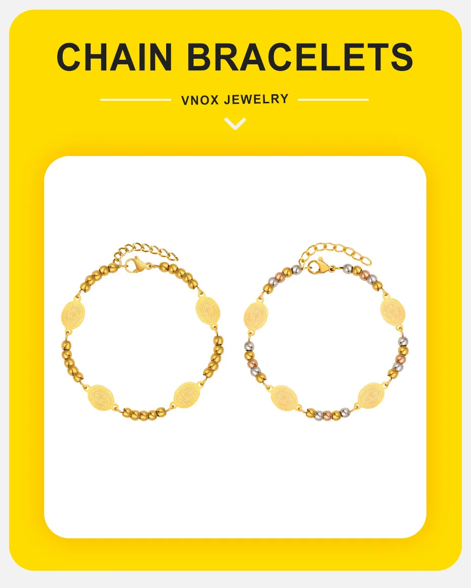 Vnox Jungfrau Maria Armbänder für Damen und Herren, dreifarbige runde Perlenkette aus Edelstahl, elliptischer Marken-Religions-Glaubenschmuck – Detail 2