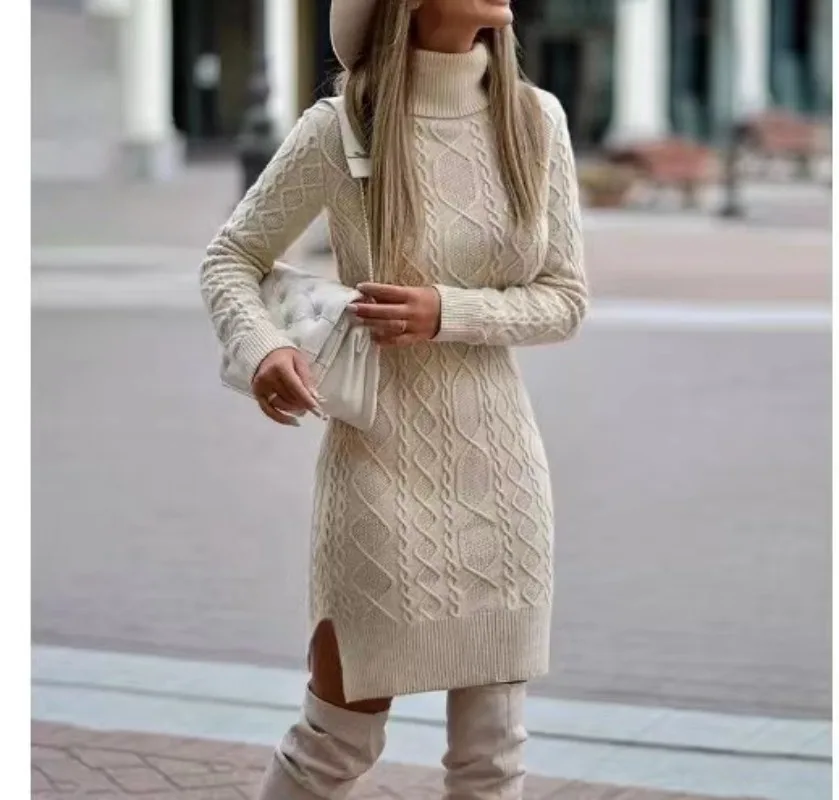 

2024 Autumn Winter New Women's Knitted Wrap Hip Skirt High Neck Warm and Thickened Elegant Knitted Sweater Long Sleeve Dress