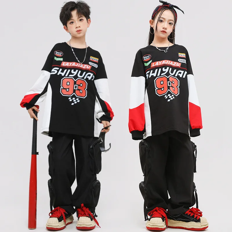 

New Hip Hop Dance Clothes for Teenagers Kids Black Sweatshirt Pants Girl Fashion Suit Practice Wear Modern Jazz Performance Sets