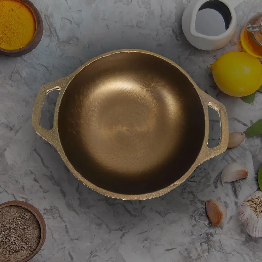 Cast Iron Pre Seasoned Pan Super Smooth Gold finish Cast Iron Kadai. 1.3 Liter Kadai/Kadhai 8 Inch with Double Handle.